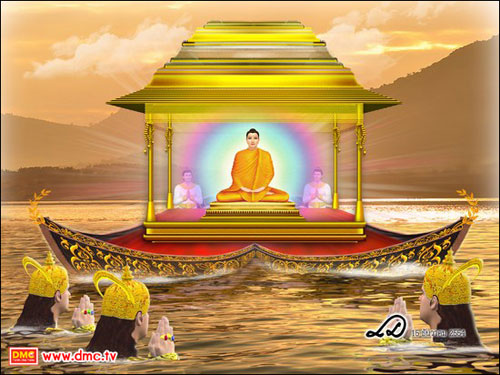 พระเจ้าพิมพิสารตามส่งเสด็จโดยการลุยลงไปในน้ำจนระดับน้ำลึกประมาณพระศอ พระเจ้าพิมพิสารตามส่งเสด็จโดยการลุยลงไปในน้ำจนระดับน้ำลึกประมาณพระศอ