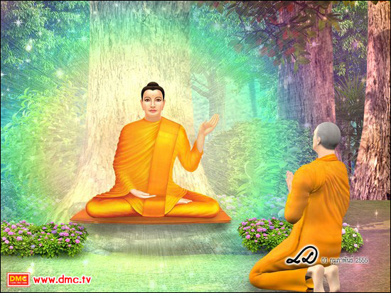 พระมหากัสสปะปูลาดผ้าสังฆาฏิที่ทำด้วยผ้าเก่าซ้อน 4 ชั้น ถวายเป็นที่ประทับนั่งแด่พระสัมมาสัมพุทธเจ้าที่โคนต้นไม้