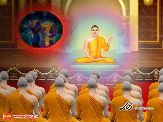 พระพุทธองค์ทรงประทานธรรมาวุธให้ไปสู้กับผี หรือรุกขเทวดาซึ่งธรรมาวุธที่ว่านั้นก็คือมนต์บทกะระณียะเมตตะสูตร