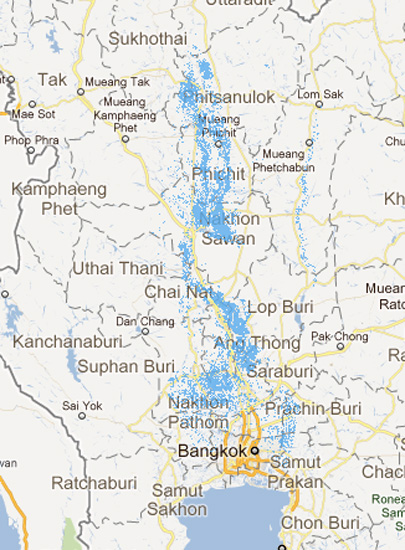 แผนที่แสดงพื้นที่ที่ได้รับผลกระทบอุทกภัย 2554