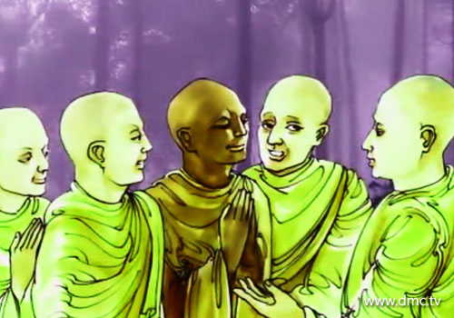 ภิกษุทั้งหลายพากันทำสมาธิ เพื่อไม่ให้ตื่นตกใจกับไฟป่าที่เกิดขึ้น