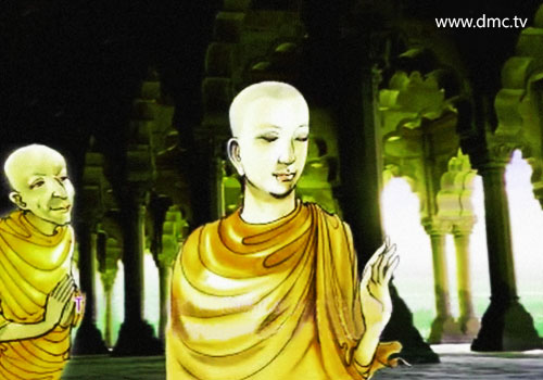 พระสารีบุตรมีศิษย์ผู้คอยปรนนิบัติออกติดตาม ในการเดินทางออกจาริกไปยังทักขิณาคีรี