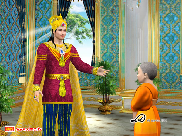 สามเณรหนีกลุ่มชาวบ้านเข้าไปในเขตท้องพระโรง และได้พบกับพระเจ้าสังขจักร สามเณรหนีกลุ่มชาวบ้านเข้าไปในเขตท้องพระโรง และได้พบกับพระเจ้าสังขจักร