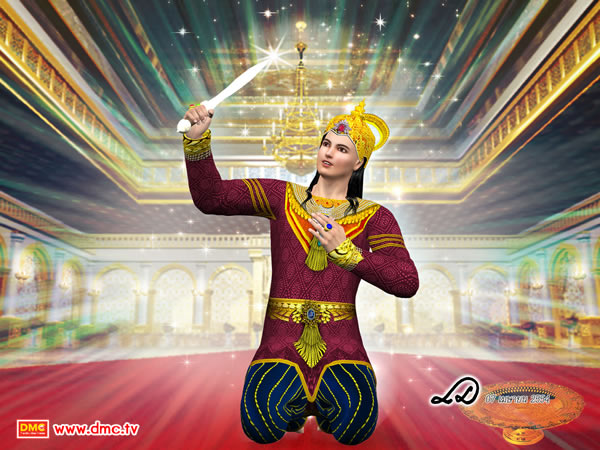 ว่าแล้วพระเจ้าสังขจักรก็ทรงชักพระขรรค์ขึ้น เหนือพระเศียรของพระองค์ ว่าแล้วพระเจ้าสังขจักรก็ทรงชักพระขรรค์ขึ้น เหนือพระเศียรของพระองค์