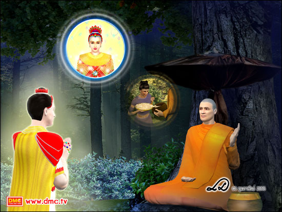 พระมหากัสสปะก็ได้เฉลยคำตอบแก่ท้าวสักกะเทวราชว่า เมื่อหญิงเข็ญใจคนนั้นละอัตภาพจากกายมนุษย์ไปแล้ว   ด้วยผลแห่งบุญที่นางได้ถวายข้าวตังแด่เราเอา
