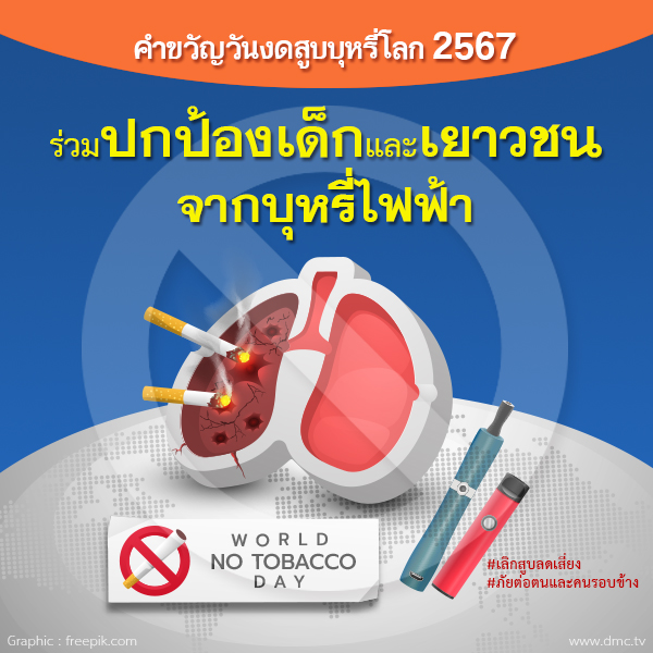 คำขวัญวันงดสูบบุหรี่โลก ปี พ.ศ. 2567 คือ ร่วมปกป้องเด็กและเยาวชนจากบุหรี่ไฟฟ้า