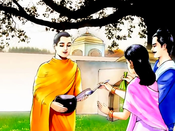 พระภิกษุหนุ่มได้ออกบิณฑบาตในตอนเช้า
